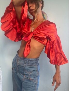 Vintage Red Satin Tie-Front Bolero with Ruffled Sleeves